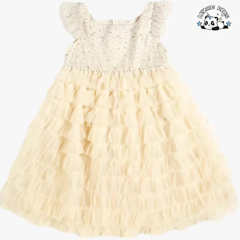 LEZONKIDS - Melhor Novo Produto de 2024 Vestido de Bolo Tutu com Manga de Renda Ruffle Últimos Desenhos de Vestidos para Crianças